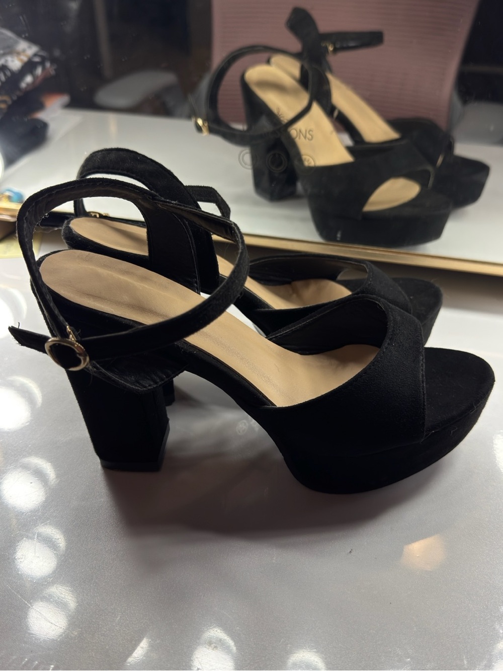 Black Suede Platform Block Heel Sandals - Women